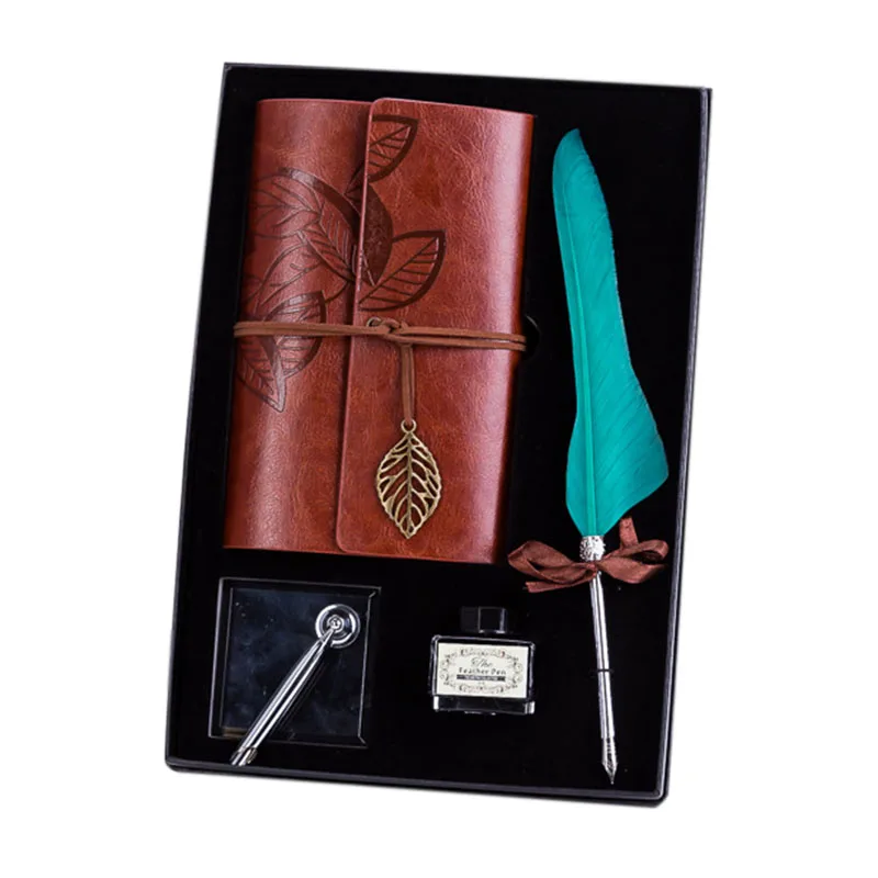

4Pcs/Set European Retro Notebook Set with Feather Pen Ink Pen Holder for Wedding Christmas Gift