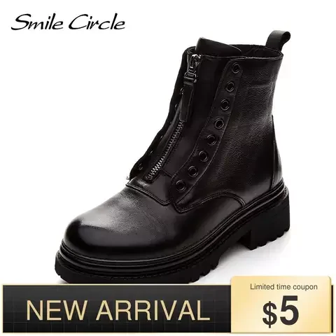Smile Circle Autumn Ankle Boots Women Black Platform Boots Cow Leather Fashion Casual zipper Ladies Shoes Short Boots 2021