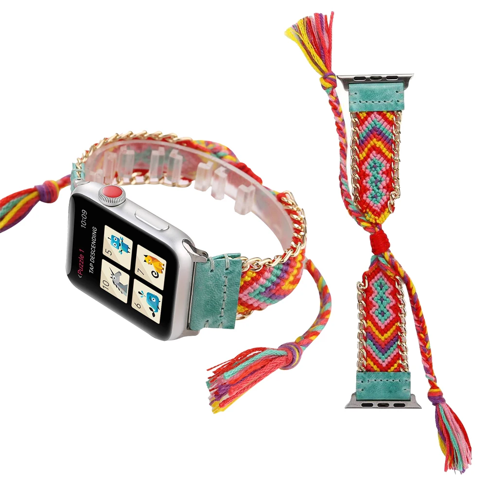 

Handmade Woven Replacement Strap for apple Watch 5 4 band 44mm 40mm Colorful National Style band for iwatch Series 3 2 1 42/38mm