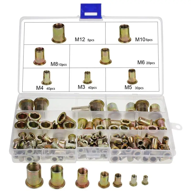 

150PCS Plated Carbon Steel Rivet Nut M3 M4 M5 M6 M8 M10 M12 Flat Head Threaded insert Rivet Nutsert tool Cap Assortment Kits