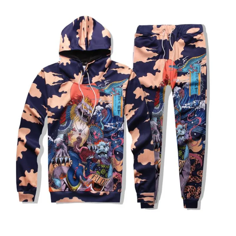 Sweatshirt Clothes Men Fashion Sports Hoodie + Pants 2 Sets China Home Unicorn Animal Camouflage Printing Suit 2021 Men's Wear | Мужская