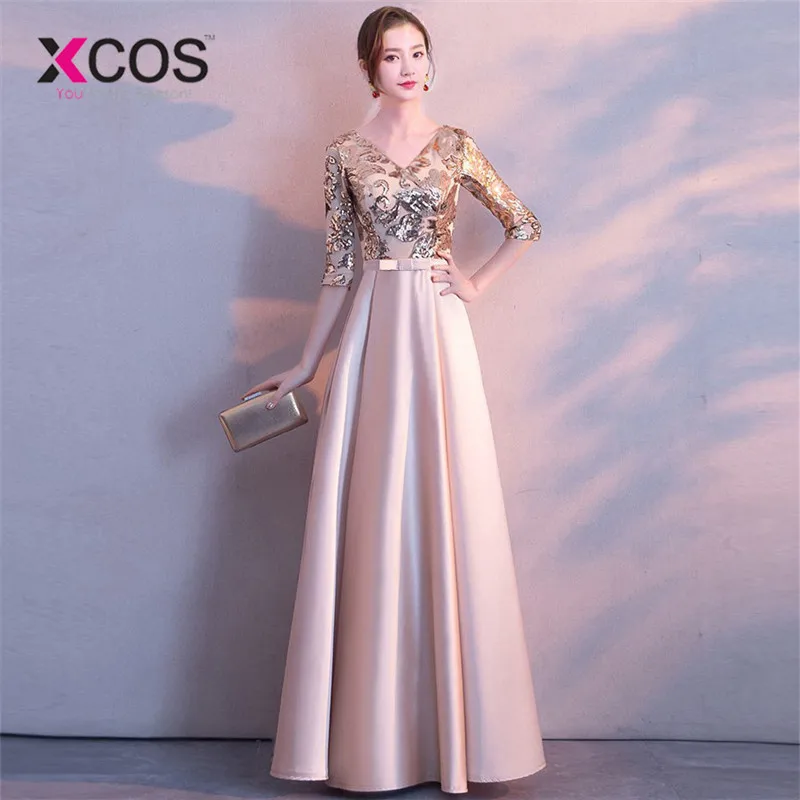 XCOS длинные платья для выпускного вечера модное платье на выпускной вечер с v-образным вырезом и коротким рукавом ТРАПЕЦИЕВИДНОЕ платье для выпускного вечера vestidos de fiesta - Цвет: Розовый