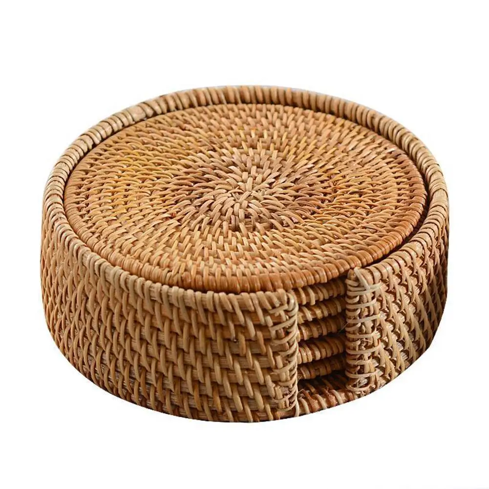 6pcs Vintage Rattan Coasters With 1pc Basket Handmade Woven Drink Mats Placemats 