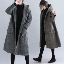 Винтажное осенне-зимнее клетчатое шерстяное пальто, новинка, большой размер, модное Свободное длинное пальто с капюшоном, женские куртки, женская верхняя одежда V1094