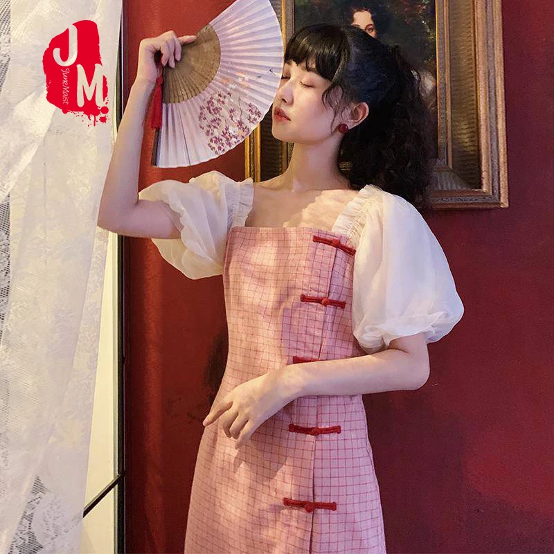 Розовое клетчатое женское платье Cheongsam в китайском стиле шифоновое облегающее с