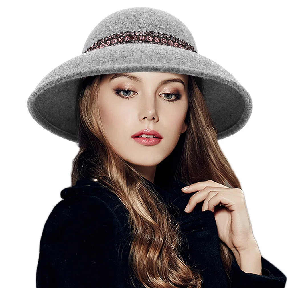

Spring Female Fedoras Hat Women French Retro Wool Ethnic Wind Decorative Dome Cap Ladies Church Party Shopping Casual Hats H7240