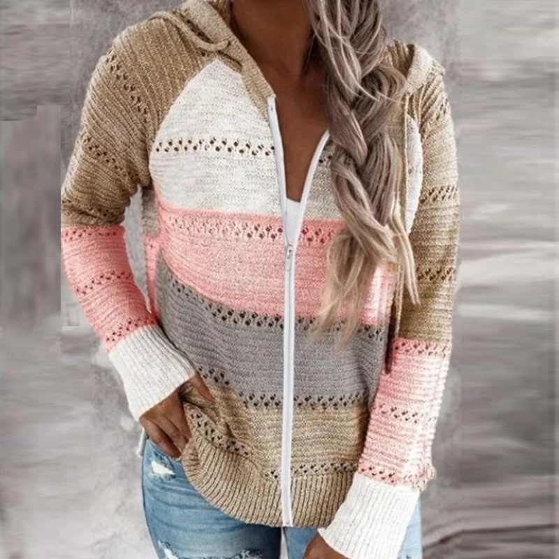 

2020 Autumn Women Striped Sweaters Fashion Patchwork V-Neck Zipper Cardigan Top Ladies Casual Long Sleeve Hooded Knitted Sweater