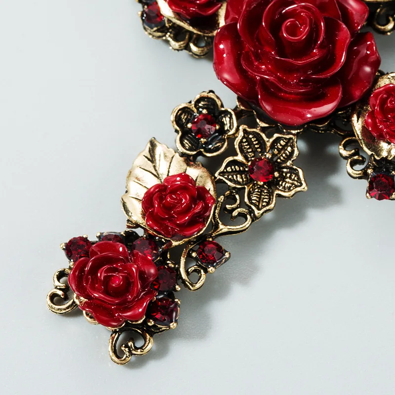 KMVEXO Baroque Vintage Gold Cross Earrings for Women Girls Enamel Rose Flowers Earrings Brincos Fashion Statement Jewelry 2020