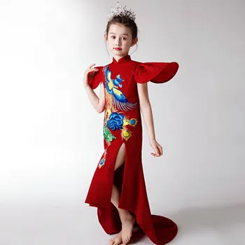 

Children chinese evening Dress red embroidery new year qipao long Tailing Princess Girl Cheongsam Dress Flying sleeves chipao