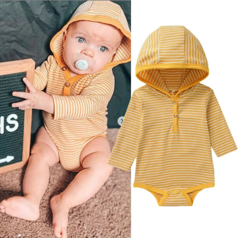 Г. Brand0-24M комбинезон с капюшоном для маленьких мальчиков и девочек, боди, осенняя Новая повседневная хлопковая одежда в полоску с длинными рукавами