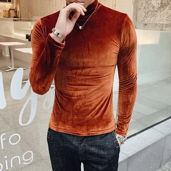 

Luxury T Shirt Men High Lead Keep Warm Slim Fit Stretch Velvet Turtleneck Men Long Sleeve 2019 Autumn Streetwear T Shirt Party