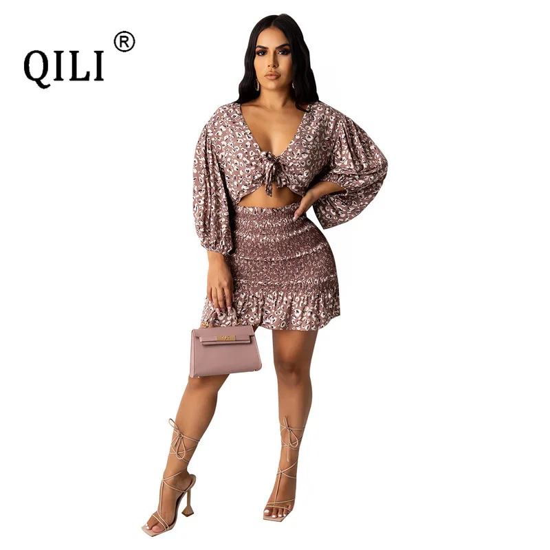 

QILI Sexy Bandage Dress for Womens Lantern Sleeve Two Piece Set Mini Print Dresses Party Club Hihg Street Dress