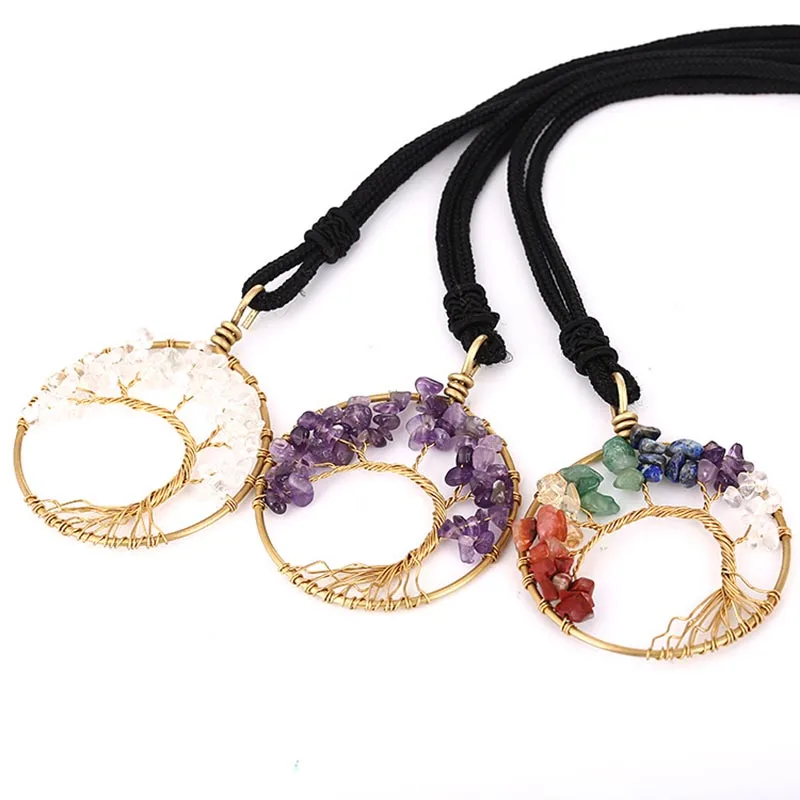 

Necklace Tree of Life Quartz Chips Pendant for Women Crystals Multicolor for Wisdom Natural Stone Chains and Hand-made Necklaces