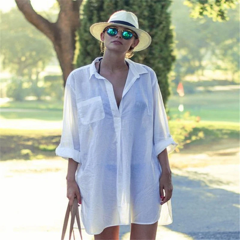 Sexy Beach Cover Up Women Bikini Pocket Swimsuit Cover Up Hollow Out T-shirt White Bathing Suit Cover-Ups Tunics Beachwear Robe 3
