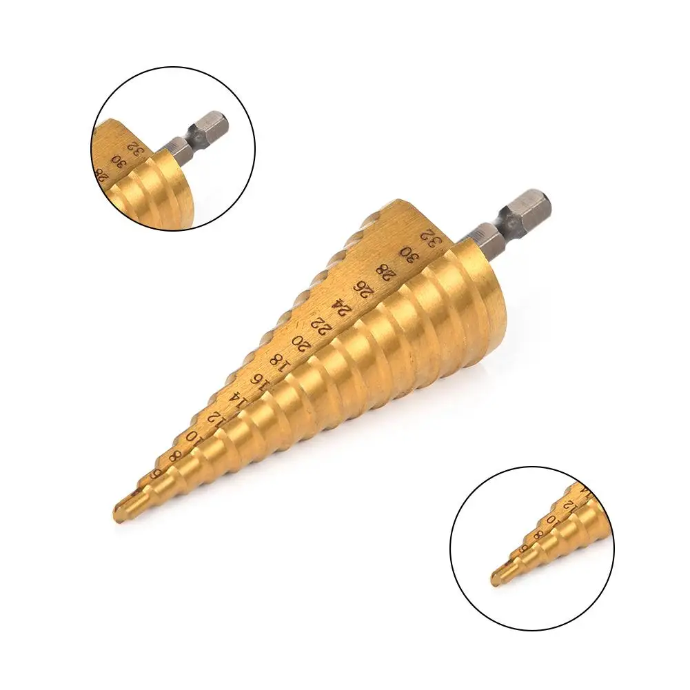 

1pcs HSS Steel Titanium Step Drill Bit 4 - 32 mm Hexagonal Steel Cone Titanium Coated Mini Drill Bit Tool Set Hole Cutter
