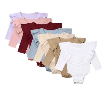

Newborn Baby Girl Long Sleeve Double Ruffles Pit Stripe Romper Jumpsuit Outfit Clothes Solid Cotton 7 Colors