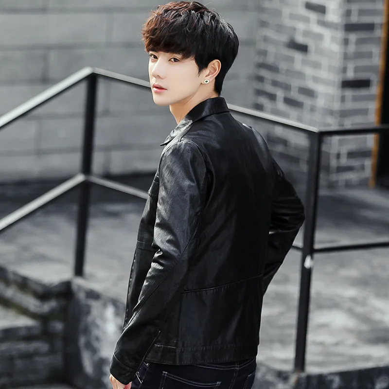 

Spring And Autumn Thin Men Fold-down Collar Washing PU Leather Motorcycle Jacket Large Size Casual Leather Jacket Men's