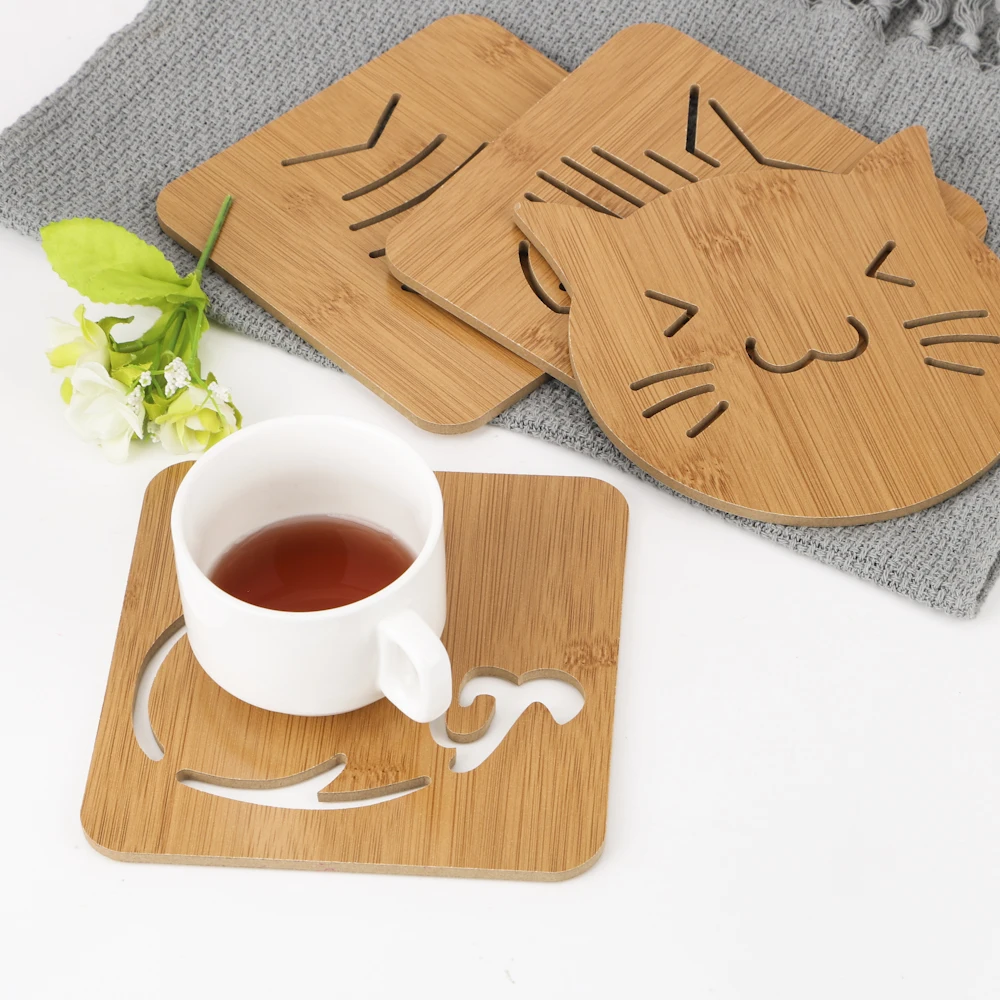 

14.5*14.5cm Tea Coffee Cup Mat Hollow Out Wooden Carved Coasters Bowl Pad Kitchen Accessories Cute Cat Fish Cup Pad Gadgets
