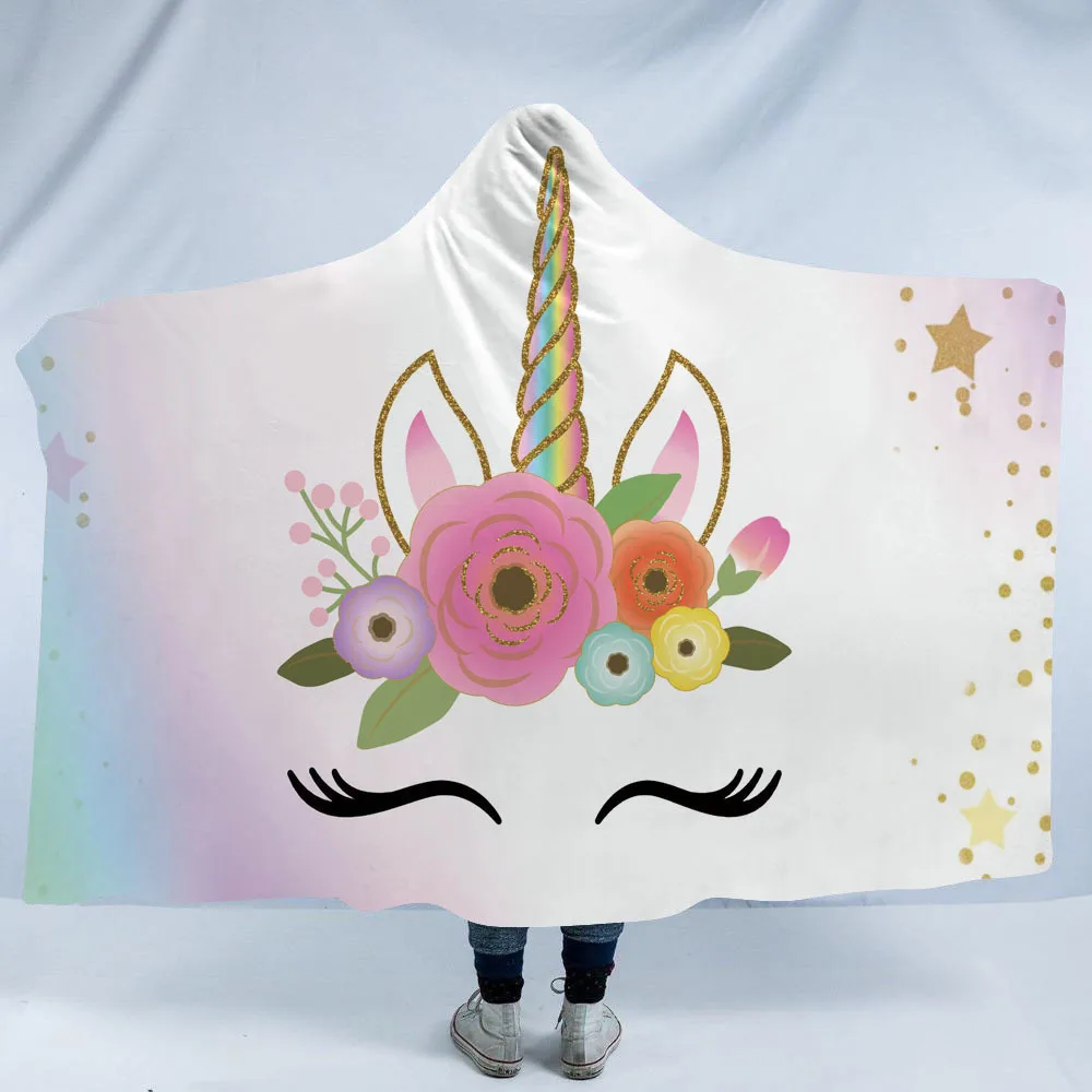 Unicorn Hooded Blanket For Adults Childs Cartoon 3D Printed Sherpa Fleece Blanket Microfiber Wearable Throw Blanket For Home Bed