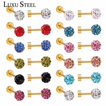 

LUXUSTEEL Colorful Beaded Ball Shape Crystal Screw Stud Earrings Ladies Jewelry 12pairs/lots Wholesale 4mm/6mm/8mm Small Earring