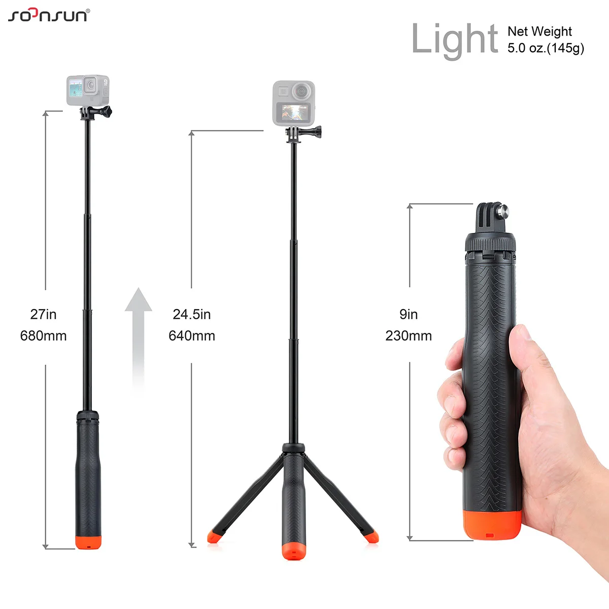 SOONSUN 고프로 히어로 인스타 360 아카소 DJI 액션 카메라용 플로팅 삼각대, 플로트 확장형 폴 핸드 그립, 방수 셀카 스틱