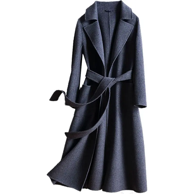 Горячая Акция длинное тонкое элегантное шерстяное пальто в Корейском стиле с поясом Современная верхняя одежда с отложным воротником Новое манто длинное пальто для женщин