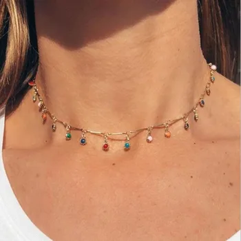 

2020 Hot Single-layer Color Crystal Bead Pendant Clavicle Chain Boho Colored Droplets Fashion Craft Necklace Jewelry