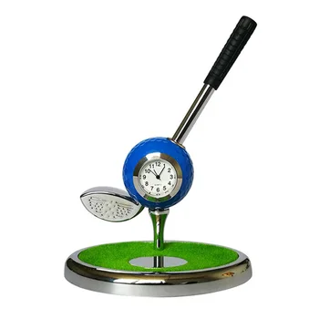 

High Quality Creative Golf Club Shape Ballpoint Pens Holder Container Set with Clock Gift for Golfer Office Desk Decoration
