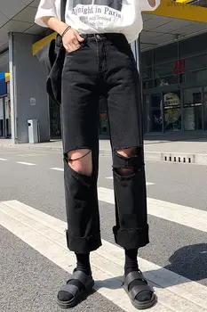 

Lady Casual straight black ripped denim jeans womens mom jeans womans S-XL autumn korean style High Waist jeans