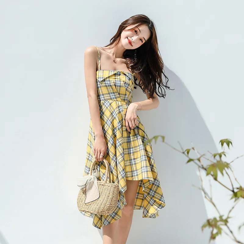 

Hot Summer Plaid Dungaree Dress CHIC Dress Women's off-Shoulder Waist Hugging Slimming Mid-length Dress