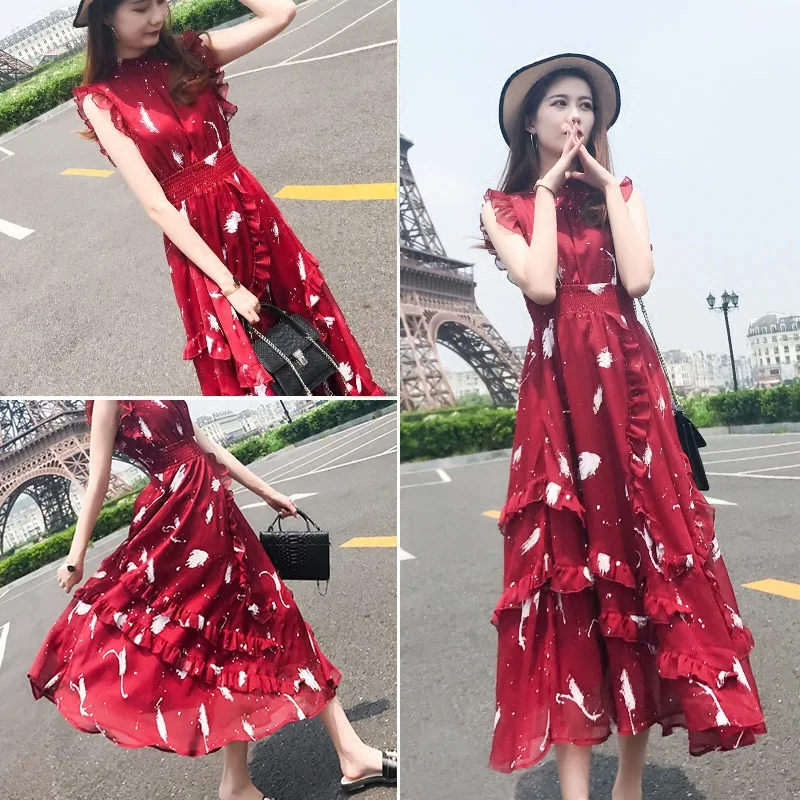Summer Dress for Women Clothes Elegant Ladies Chiffon Floral Ruffles Maxi Sleeveless Vestido 75242LW513 | Женская одежда