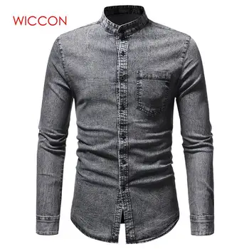 

Spring Autumn High Quality Denim Shirt Men Casual Long Sleeve Fit Slim Personality Pocket Black Blue Hombre Blouse