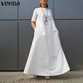 

VONDA Summer Bohemian Dress Holiday Beach Sundresses 2020 Casual Vintage Short Sleeve Kaftan Maxi Dress Plus Size Vestidos S-5XL