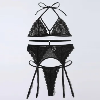 

Sexy Lace Bra set Women Plus Size Lace Lingerie Bra+Thong Underwear Set Wire free Bra & Brief Sets Black Sleepwear #3