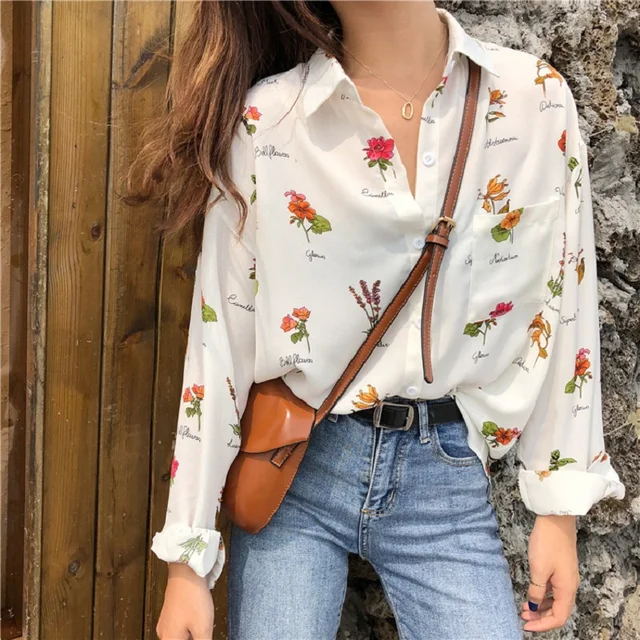 Vintage Floral Print Off-White Blouse