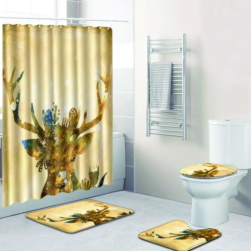 

4pcs/set Shower Curtain 3D Colorful Animal Print Waterproof Polyester Fabric Washable Modern Solid Anti-slip Bath Mat Home Decor