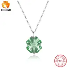 COLOGO Real 925 Plata de Ley deslumbrante cristal verde copo de nieve colgante gargantilla Collar para mujer joyería regalos LKN0054(China)