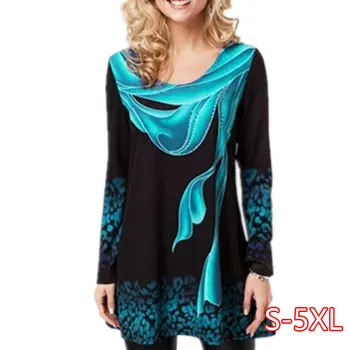 

Plus Size 5XL 2020 Women Spring Summer Boho Print Blue Tops Long Sleeve Elasticity Female T-Shirt Casual Loose Ladies Tee Shirt