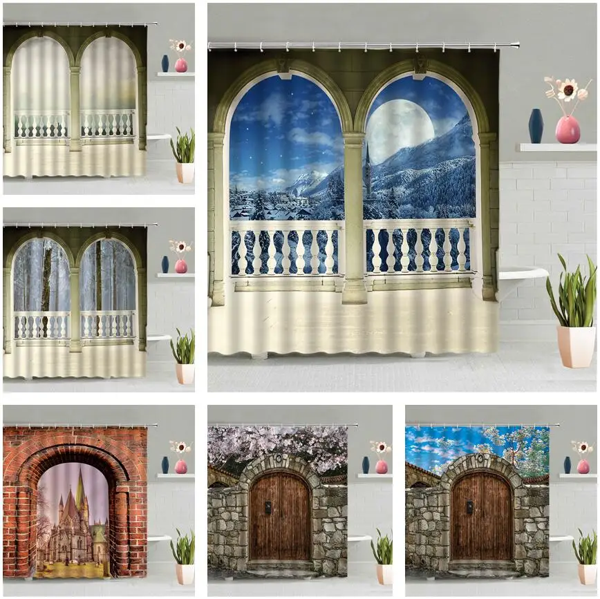 

Скандинавская Изогнутая Дверь, занавеска для душа, луна, снег, гора, цветок, пейзаж, ванная комната, водонепроницаемый комплект, подвесная занавеска, s-образный экран, домашний декор