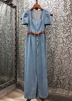 

2020 Spring and Summer New Women's Small Square Collar Buckle Waist Hugging Buckle Decorative Short-Sleeved Denim Jumpsuit 712
