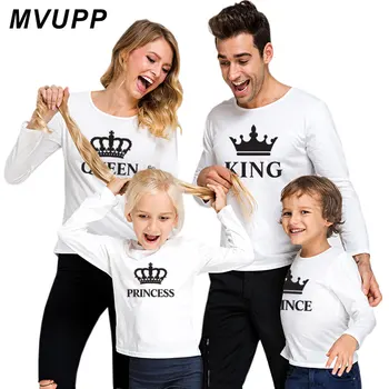 

MVUPP King queen prince princess fashion family long tshirt for mother daughter father son matching clothes mommy and me outfits