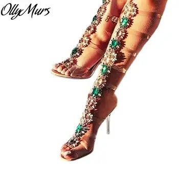 

Ollymurs Clear Transparent PVC Knee High Sandals Open Toe Jewel Crystal Sandals Shoes Women