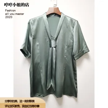 

New 100% silk high end mulberry silk 19 Lyme silk elastic satin ribbon collar smooth and versatile short sleeve shirt