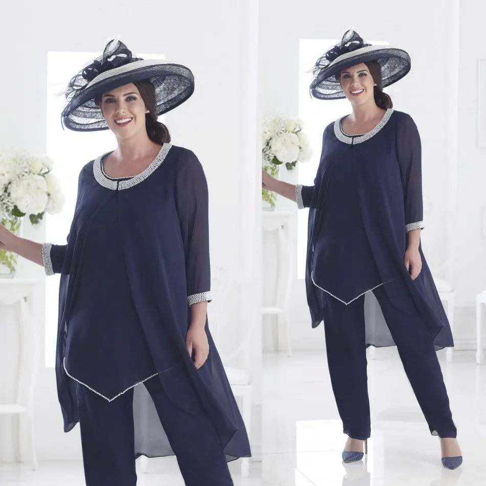 

2019 Latest Navy Beading Mother Of The Bride Pant Suits Three Pieces Wedding Guest Dress Formal Garment Evening Gown