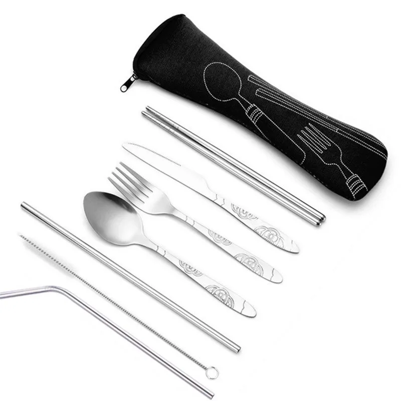 3pcs/7pcs Set Dinnerware Portable Printed Stainless Steel Spoon Fork Steak Knife Travel Cutlery Tableware with Bag