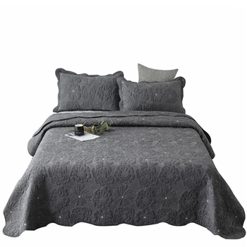 

1Pc Bed Cover+2Pcs Pillowcases Dark Gray Peony Bedspread Jacquard Bedding Set Quilting Blanket cotton Quilt Double Bed