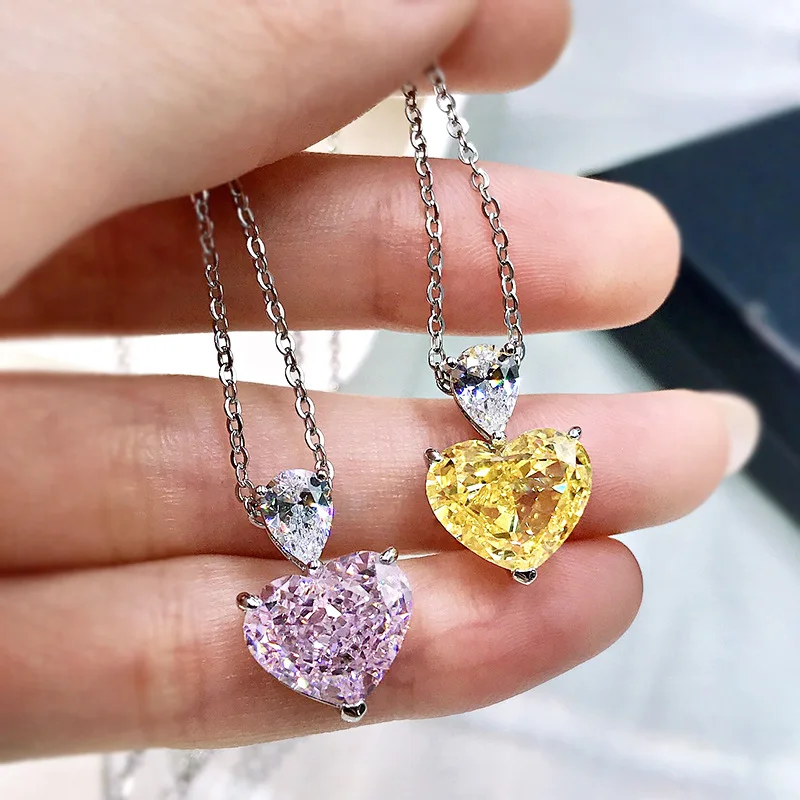 

Romantic 925 Sterling Silver Created Moissanite Citrine Heart Pink Quartz Pendant Necklace Wedding Engagement Fashion Jewelry