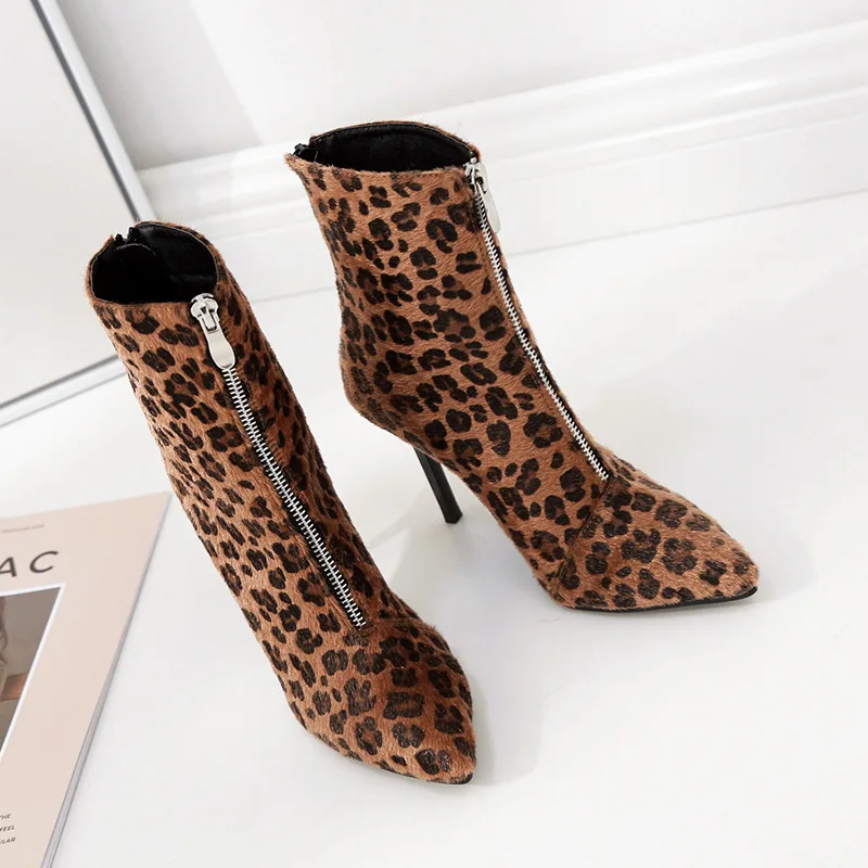 

Autumn Boots Winter Shoes Women Zipper Bootee Woman 2019 Booties Ladies Luxury Designer Leopard Pointy Rubber High Heel Mid