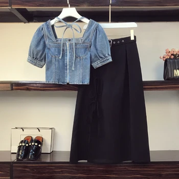 

Summer New Sexy Two Piece Set 2 Piece Set Women Two Piece Outfits Denim Jeans Crop Top &Chiffon Long Skirt Set Matching Sets OL