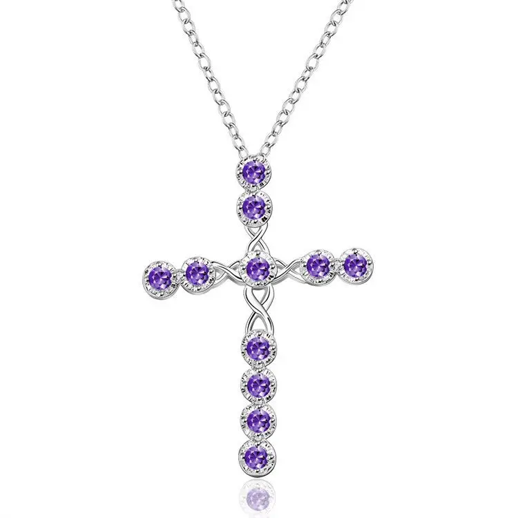Purple Роскошная женская подвеска с большим крестом ожерелье модное свадебное ожерелье s для женщин классический серебристый цвет циркон длинное ожерелье - Окраска металла: Purple